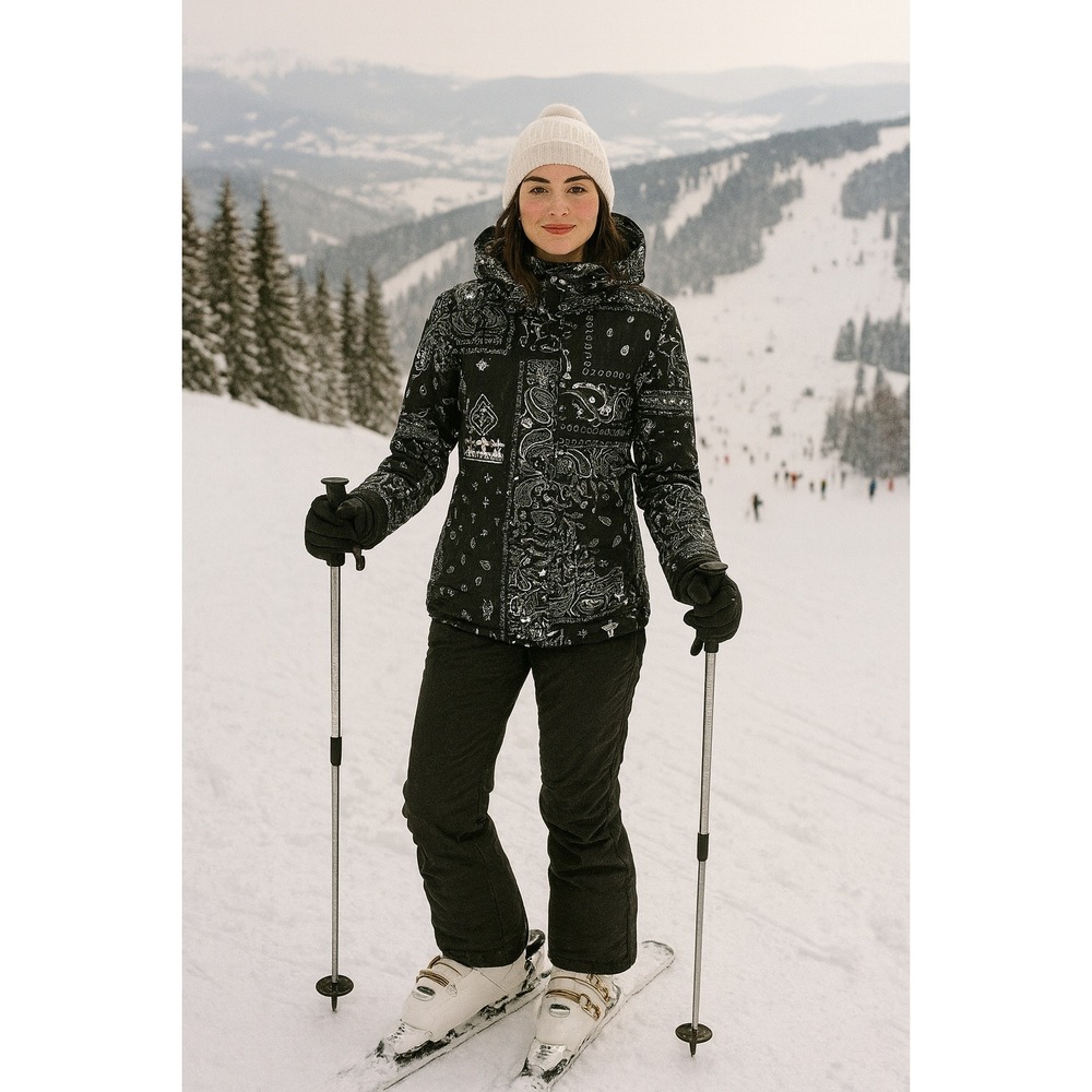 Winter Warm Black Paisley Bandana Hooded Ski Snowboard GSOU SNOW Women XS Coat